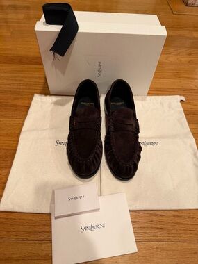 SAINT LAURENT FULL SET LE LOAFERS SUPPLE IN SUEDE CHOCOLATE BROWN 39.5